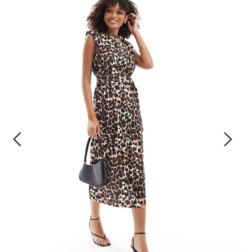 BRAND NEW ASOS Design Sleeveless Leopard Print Midi Dress w/ Shoulder Pads, Belt